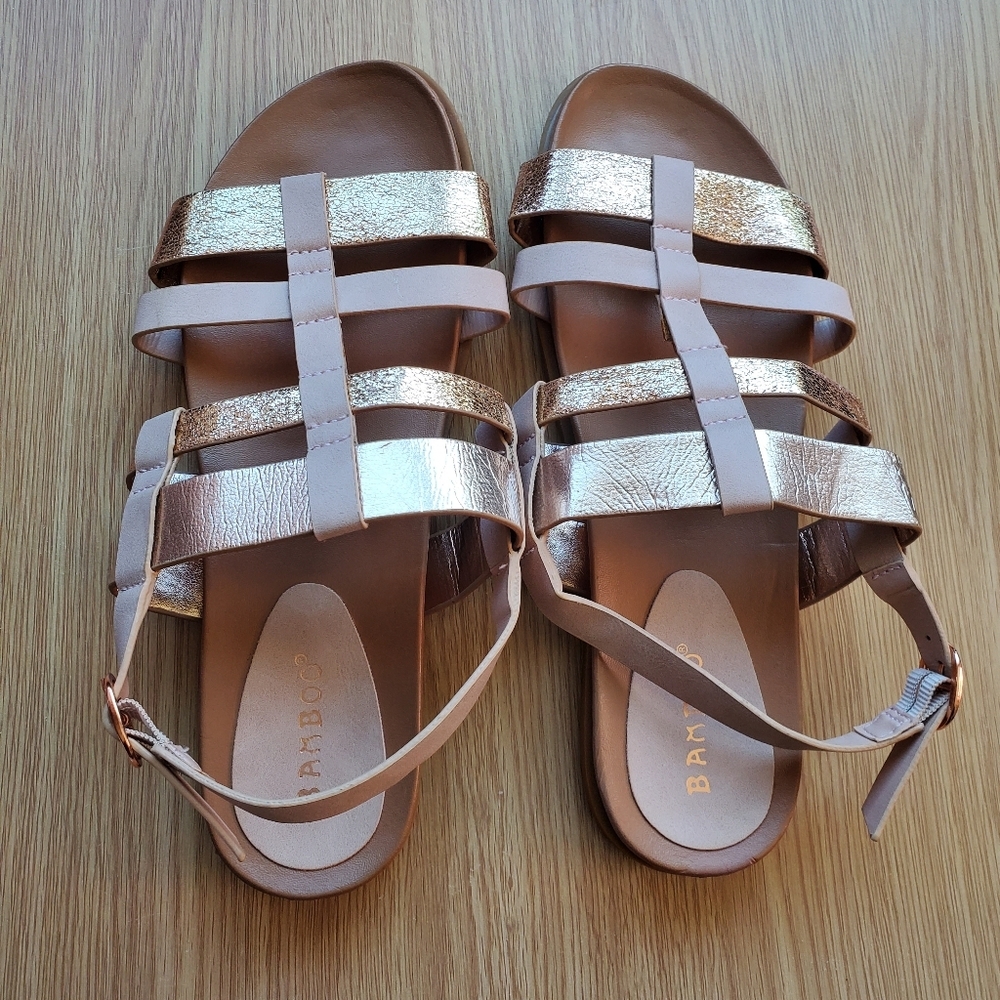 Bamboo Women's Gold and Tan Strappy Sandals‎ Size 8.5
